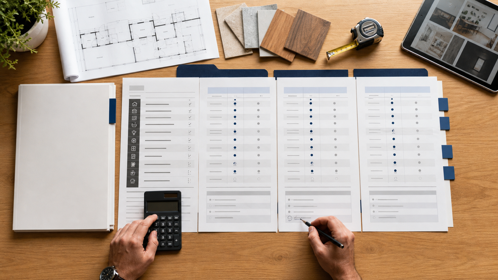 Three generic contractor bid packets arranged side by side with one shared floor plan, material samples, calculator, and line-by-line comparison notes