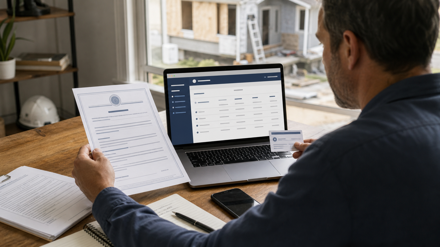 A property investor comparing a contractor business card and insurance certificate with a generic official license-verification record on a laptop