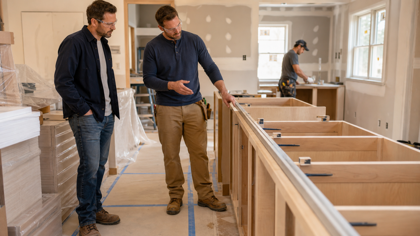 A property investor and contractor examining cabinet installation, protected floors, stored materials, and crew organization during a permitted active-job reference visit
