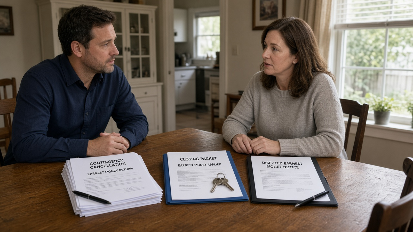 Investor and agent comparing contingency cancellation, closing packet with keys, and disputed earnest money notice documents