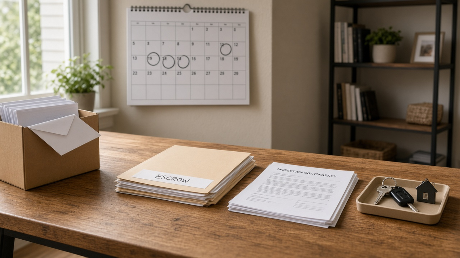 Escrow folder, inspection contingency papers, wall calendar deadlines, and closing keys arranged across a desk for an earnest money timeline