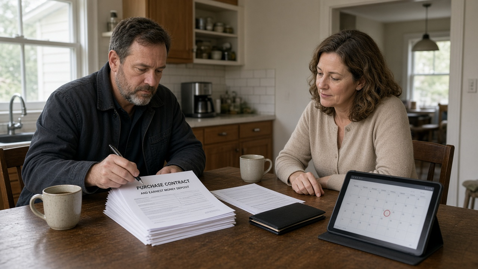 A house-flip investor and agent reviewing a purchase contract and earnest money deposit paperwork at a kitchen table