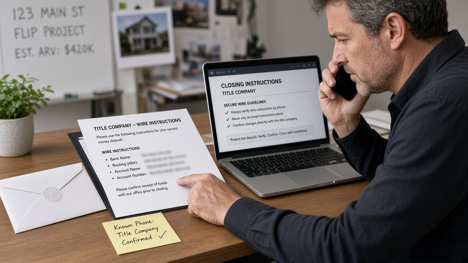 Investor verifying title-company wire instructions by known phone while comparing a printed letter to a laptop