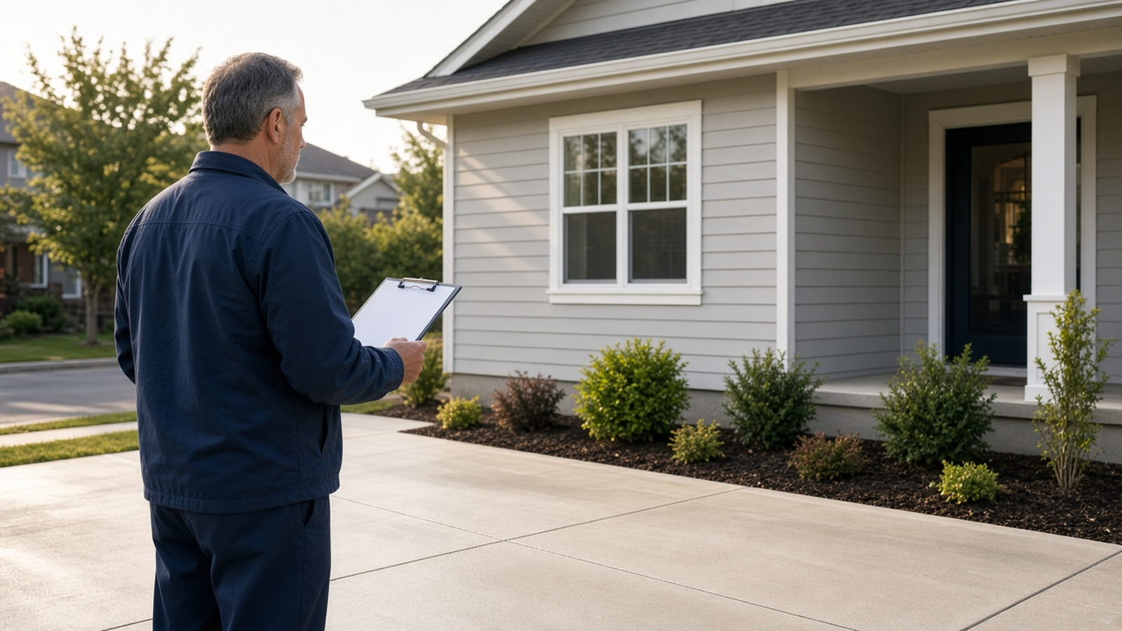 An inspector with a blank clipboard stands on a new driveway in front of a freshly painted bungalow