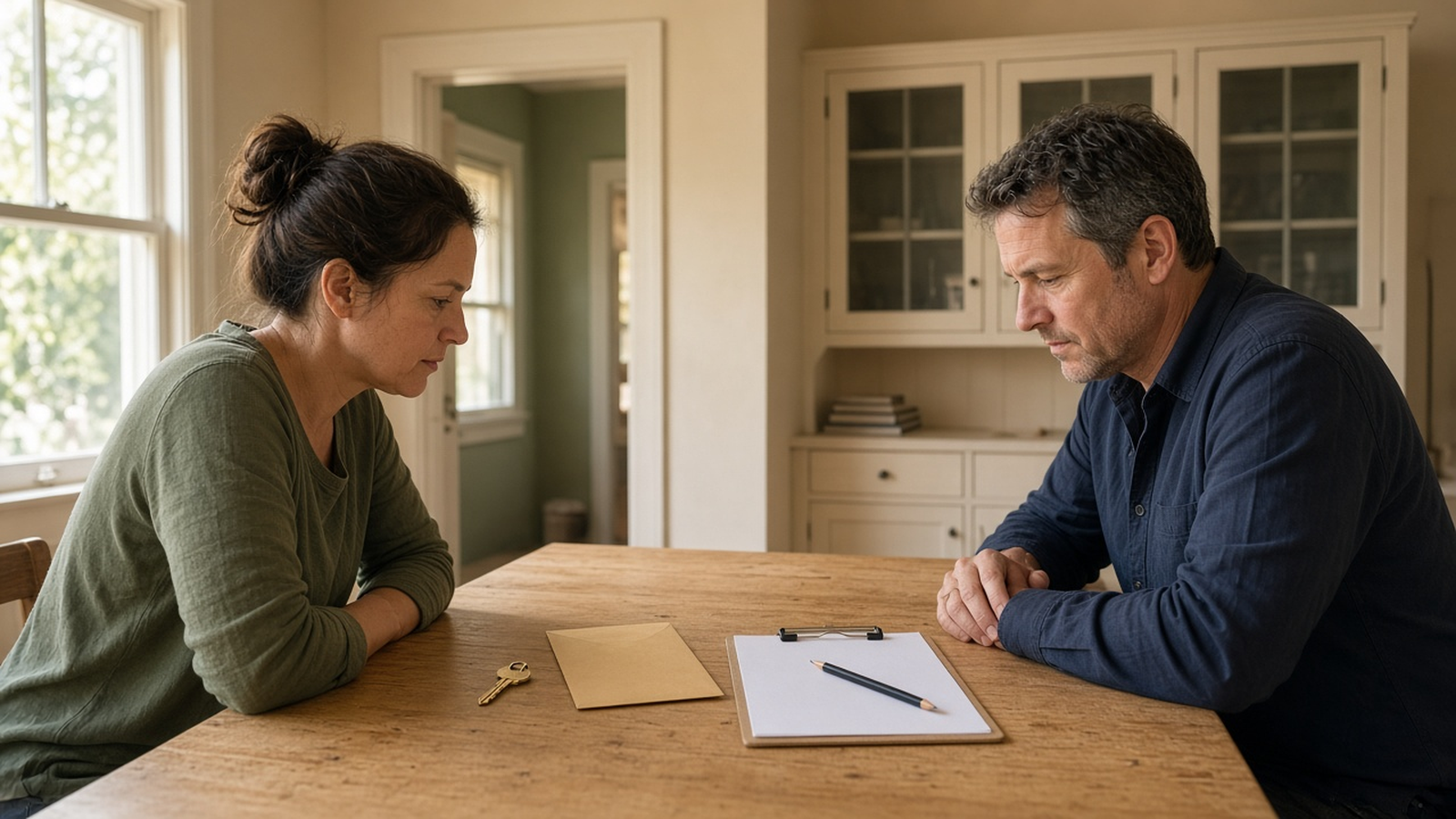 A flipper and a closing professional review a sealed envelope and a blank page at a bungalow kitchen table