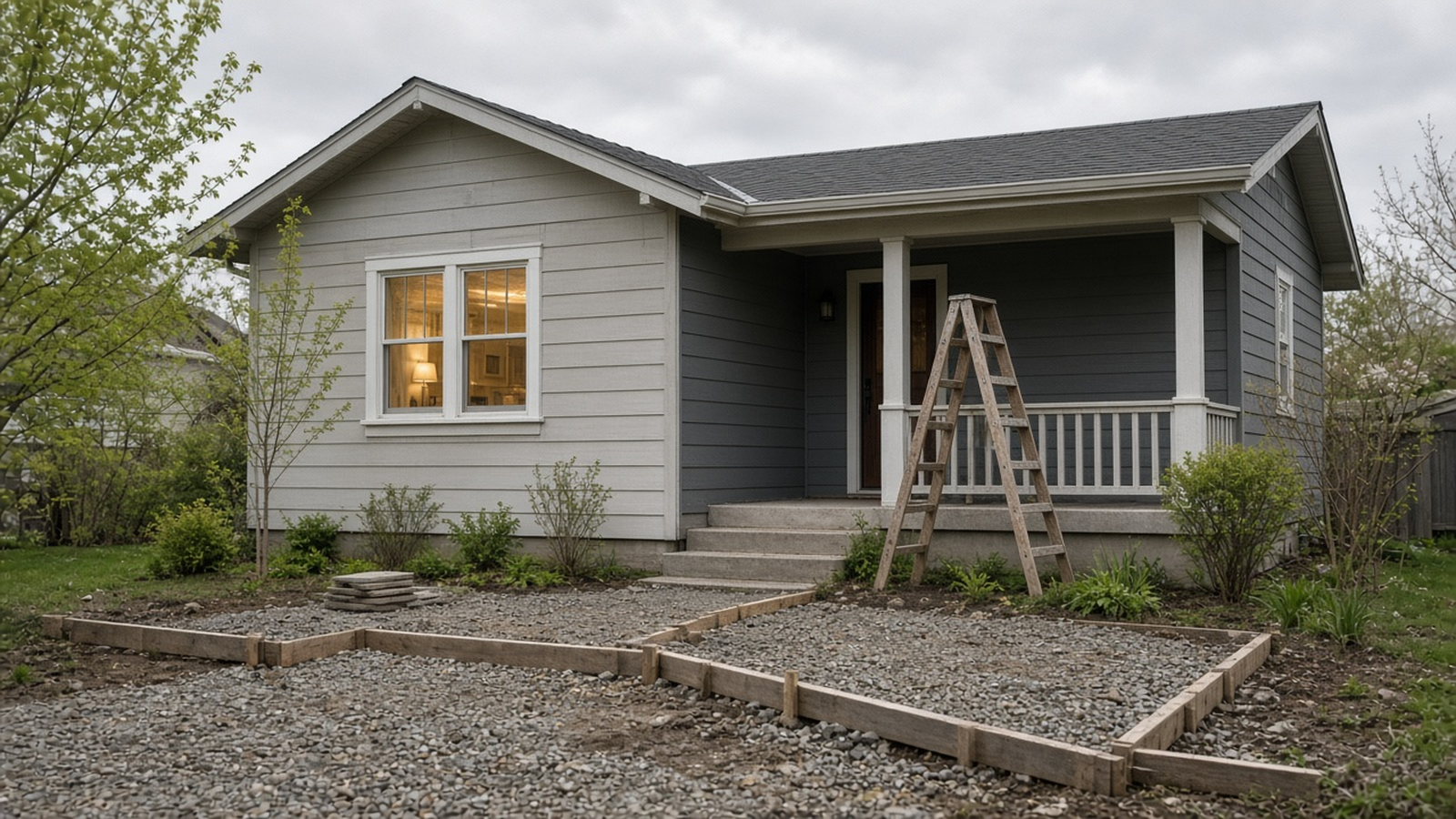 A bungalow with finished interior lights, primer still on the siding, and an unfinished gravel drive