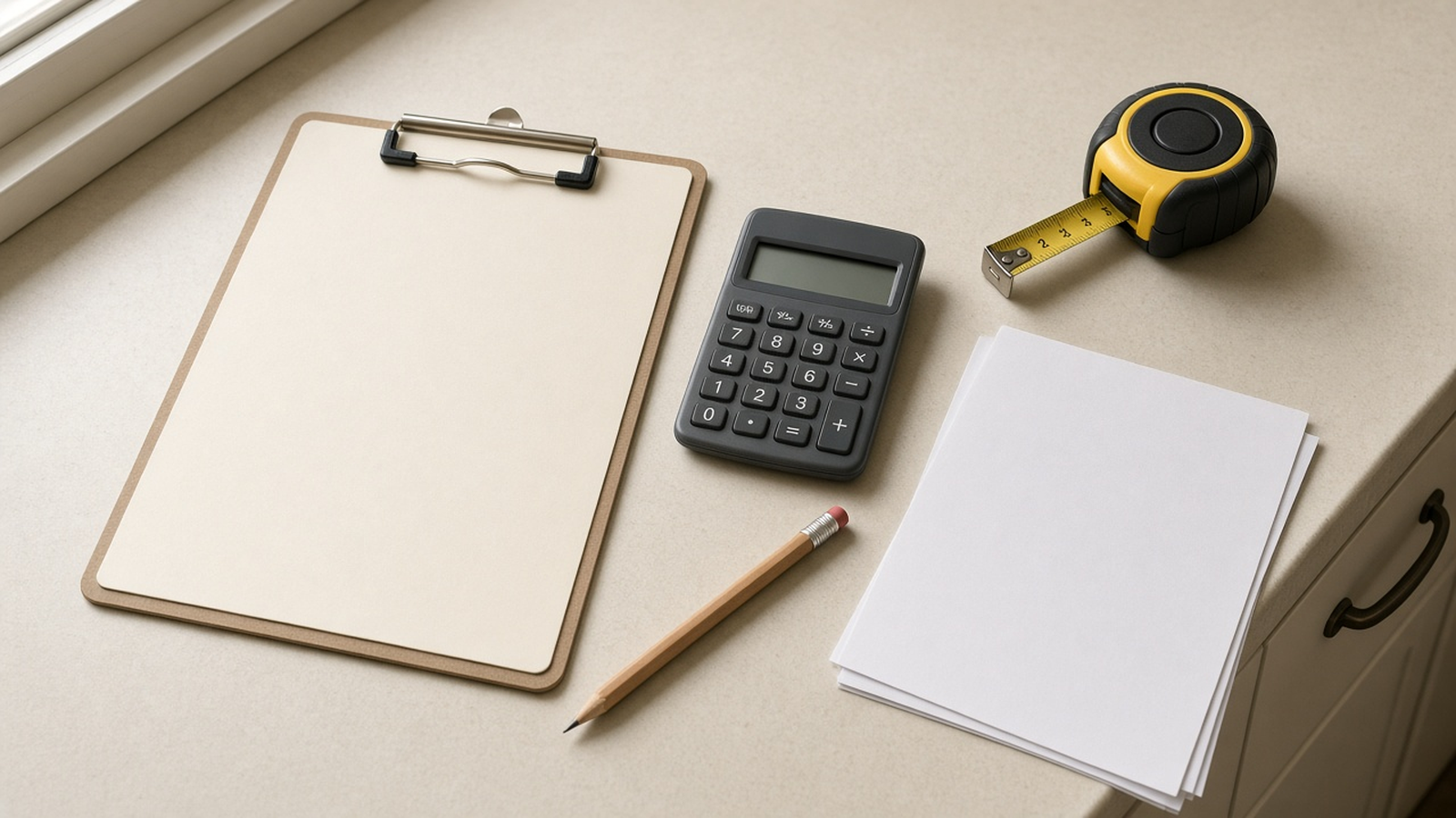 A blank clipboard, a calculator, a pencil, and a tape measure on a kitchen counter