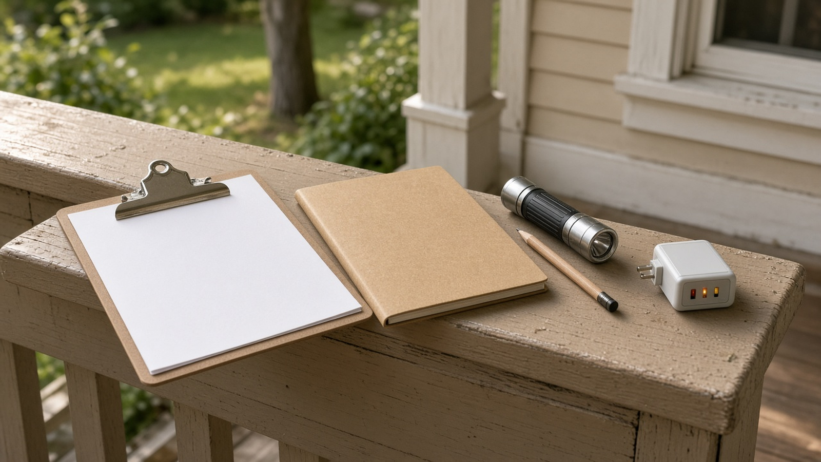 A blank clipboard, a flashlight, and an outlet tester on a bungalow porch rail