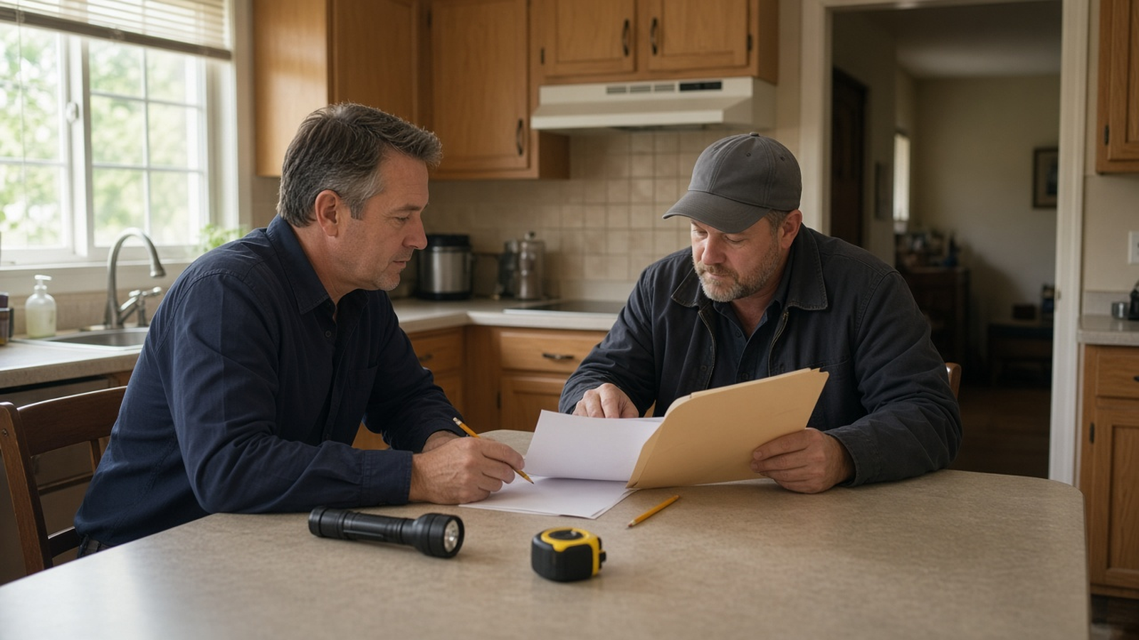An investor and a home inspector review a folder and notes at a ranch kitchen table