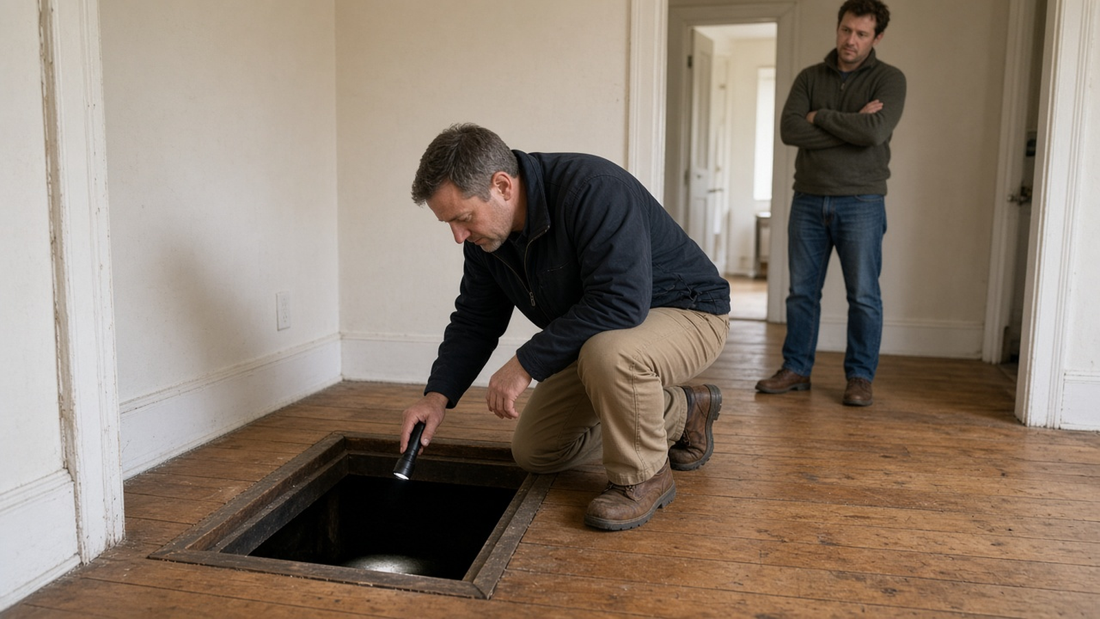An inspector and an investor look at an open crawlspace hatch that was not entered