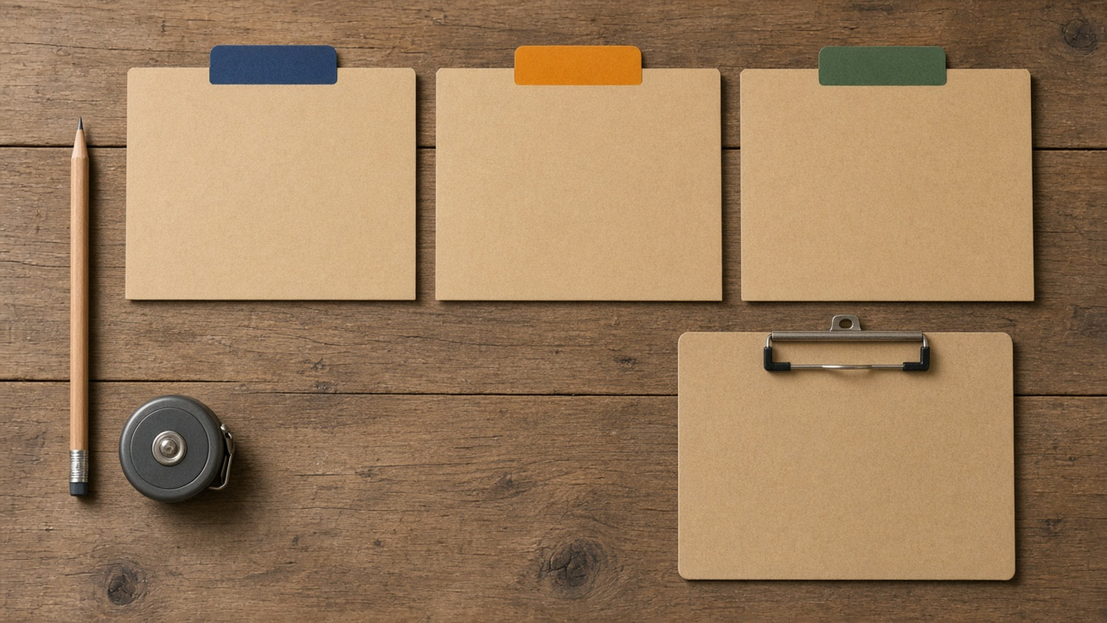 Three folders labeled Seen, Not entered, and Already in scope sit beside a tape measure and a blank clipboard