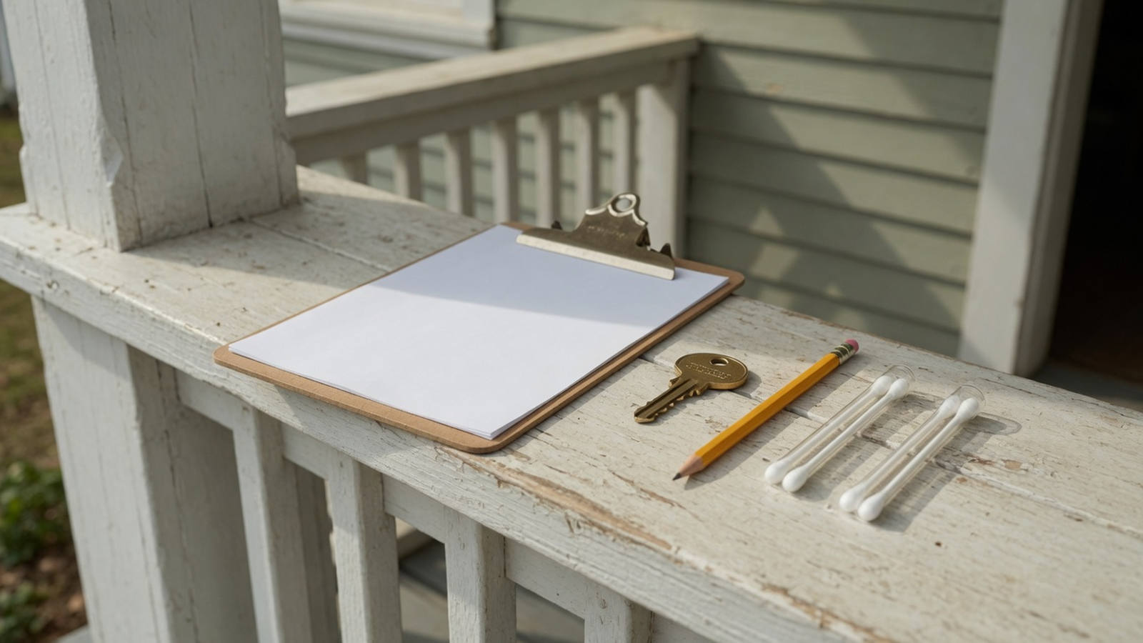 A blank clipboard, a house key, a pencil, and unmarked swabs rest on a porch rail