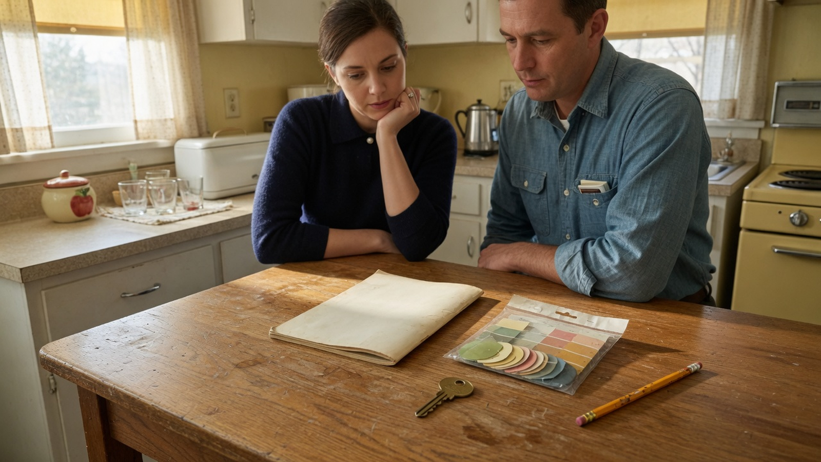 Two people review a blank booklet and a sealed bag of sample chips at a bungalow kitchen table