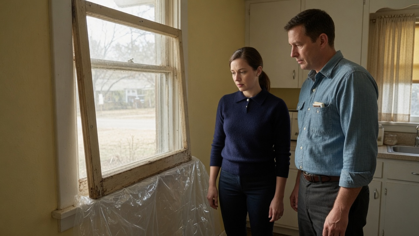Two people look at a worn double-hung window with plastic sheeting along the sill