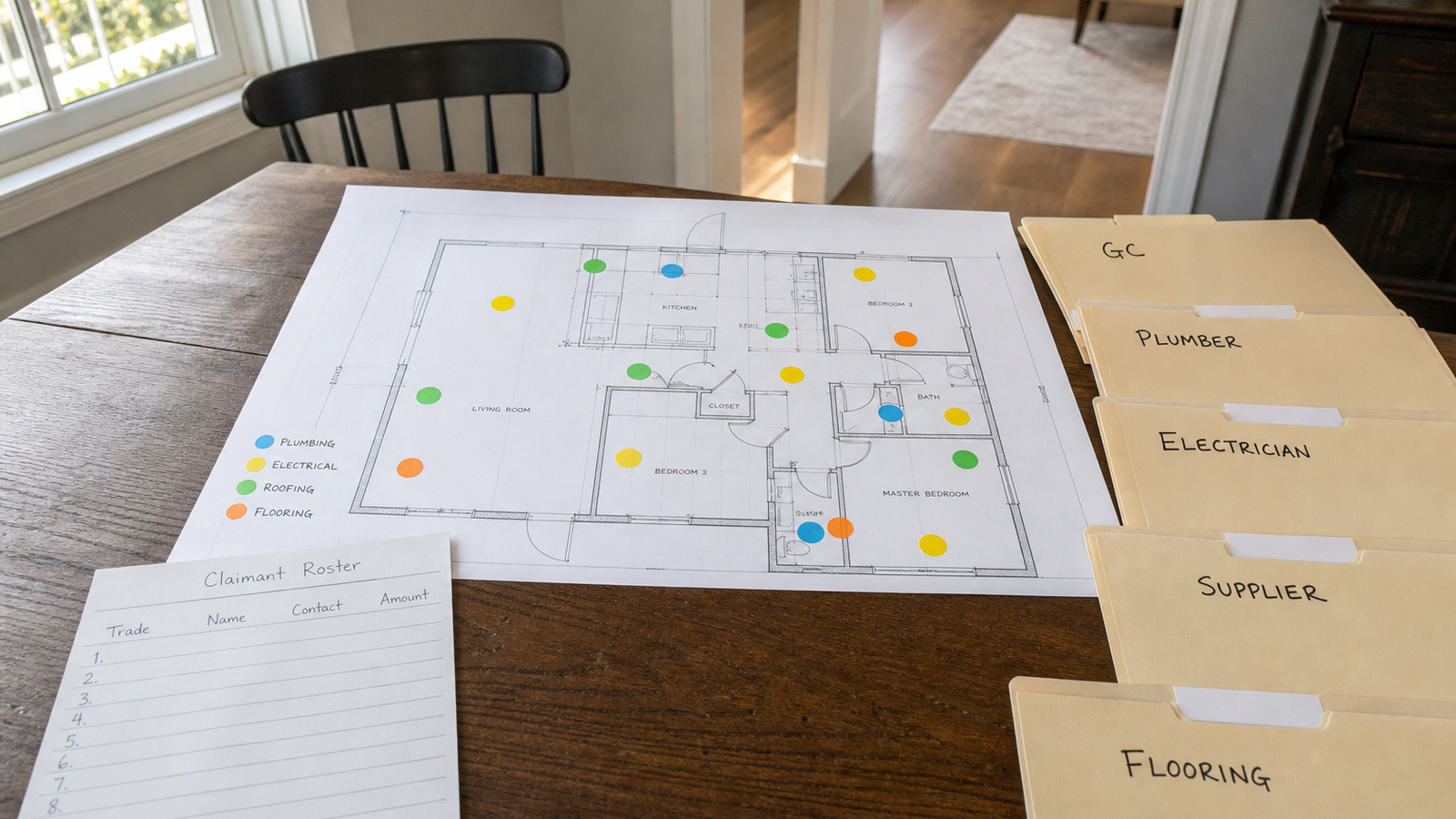 An overhead workspace showing a claimant roster mapping a general contractor, subcontractors, and suppliers to notice dates and waiver status beside invoices and a payment calendar