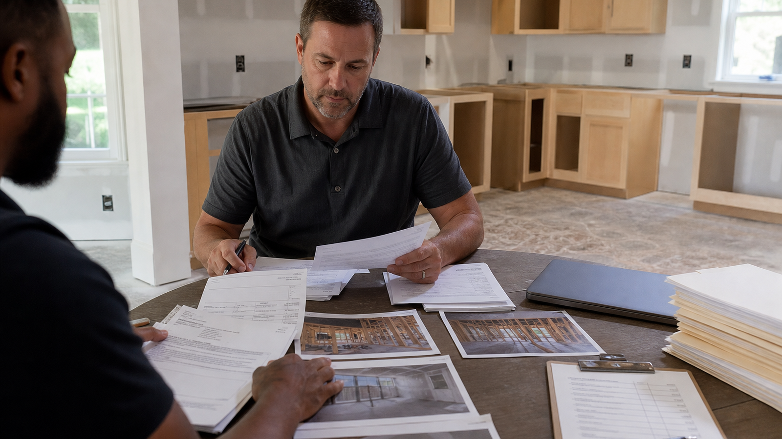 An investor matching a progress-draw invoice, bank payment confirmation, and conditional lien waivers on a desk with a renovation project binder