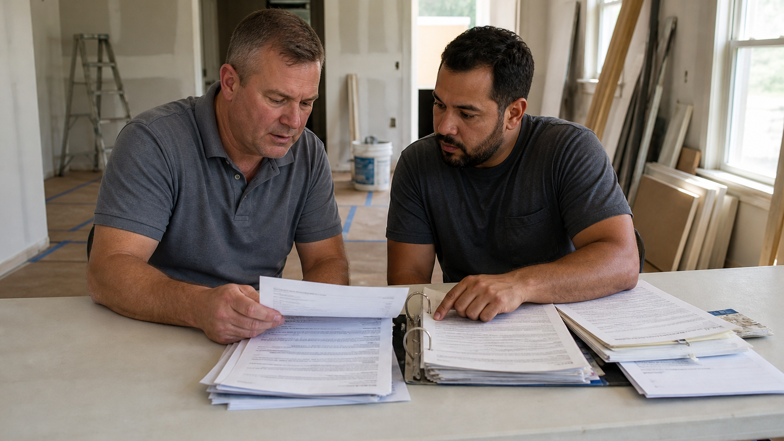 A residential investor and renovation contractor reviewing signed lien-waiver forms beside invoices, a payment schedule, and a claimant roster in a modest house under renovation