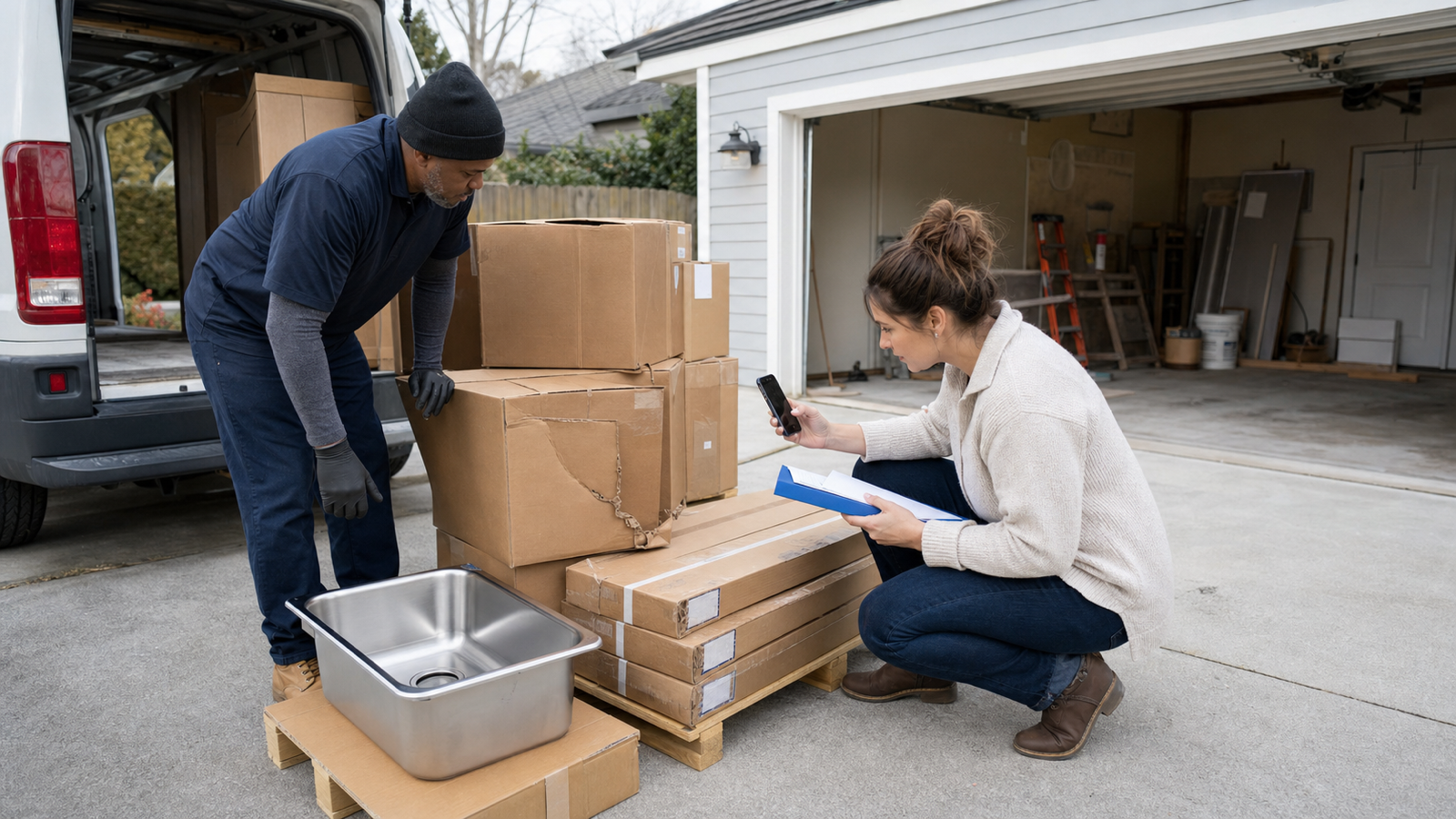 A property investor and delivery worker inspecting renovation materials, photographing a damaged carton, and checking a packing record before acceptance