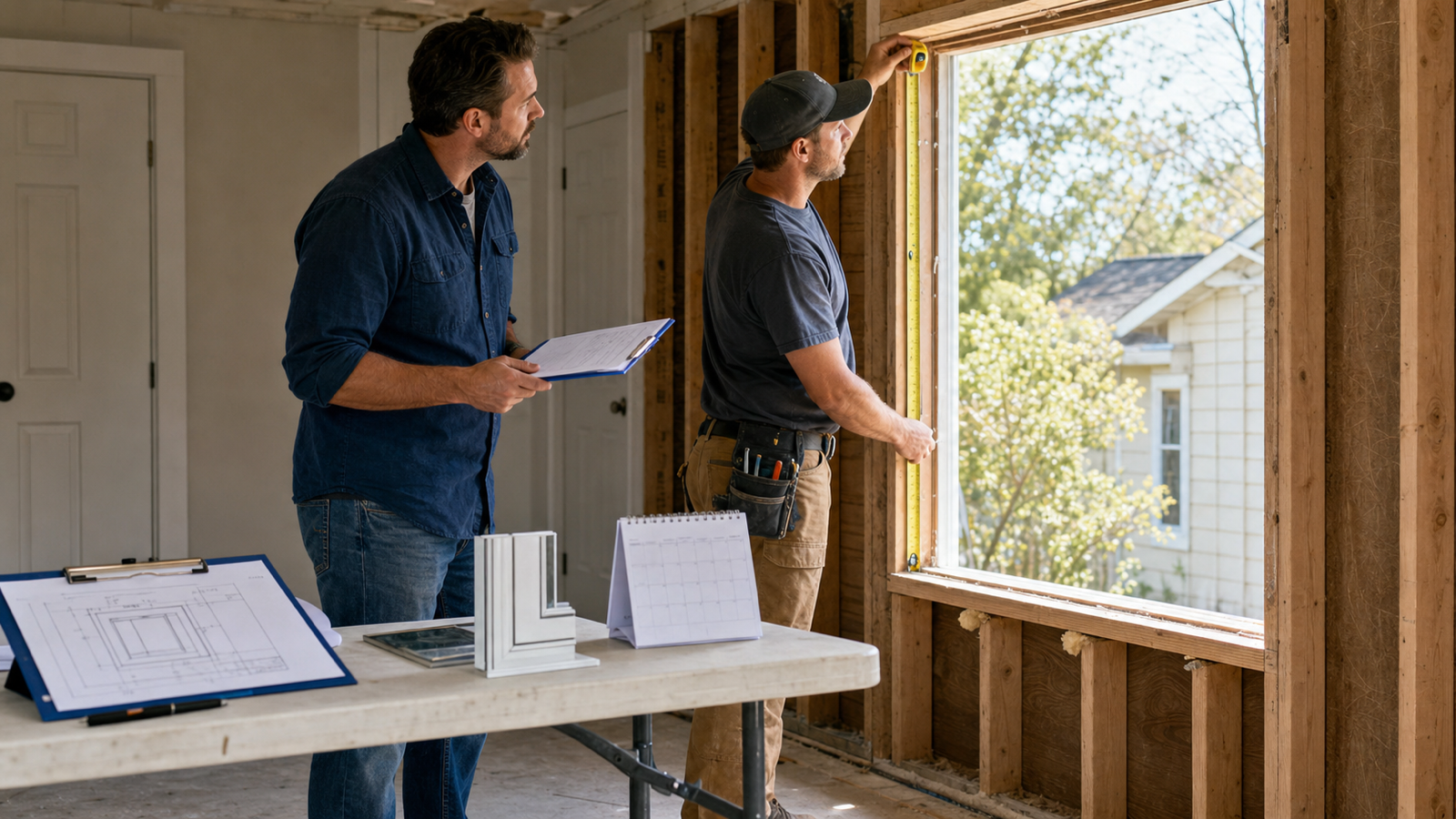 A property investor and contractor verifying a rough window opening against a generic specification and calendar before ordering