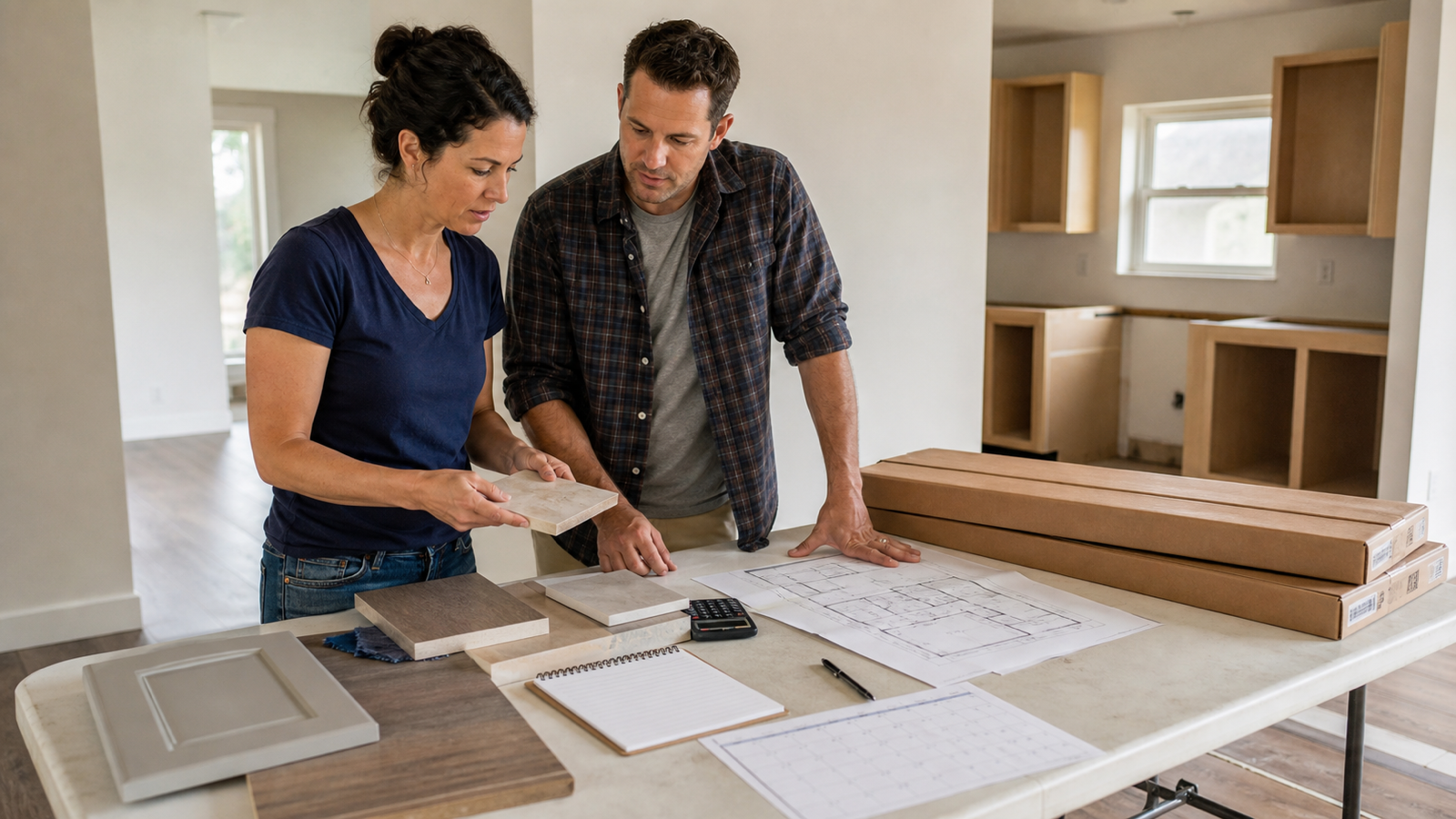 A property investor and renovation contractor reviewing material samples, plans, a calculator, and a delivery calendar inside a modest house before construction begins