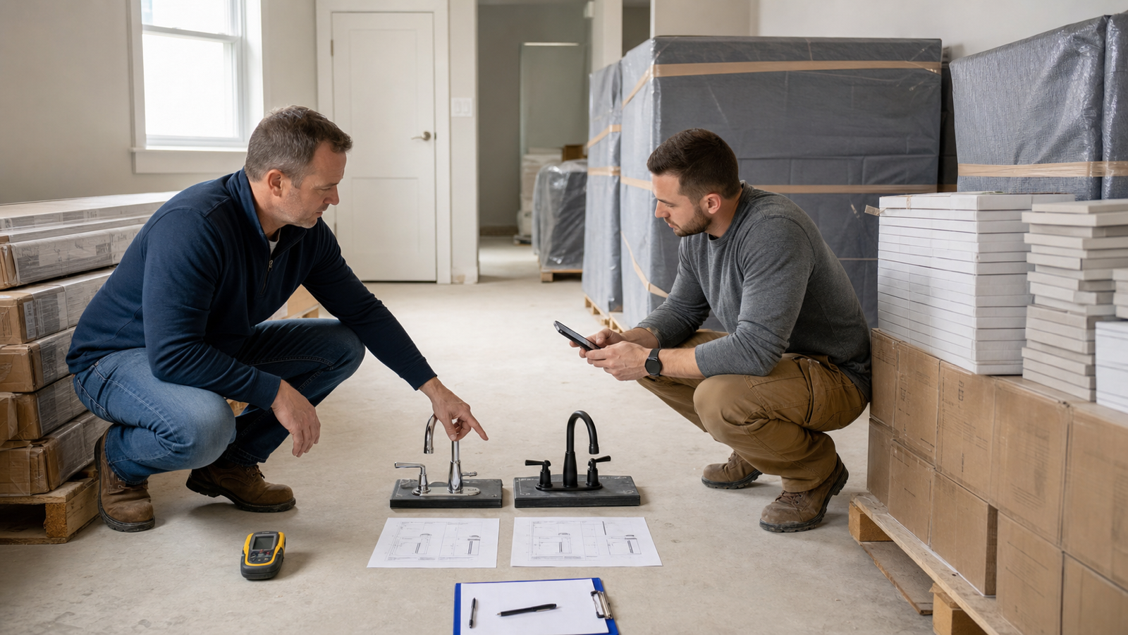 A property investor and contractor comparing an approved faucet with a proposed replacement beside specifications while materials are safely protected and stored