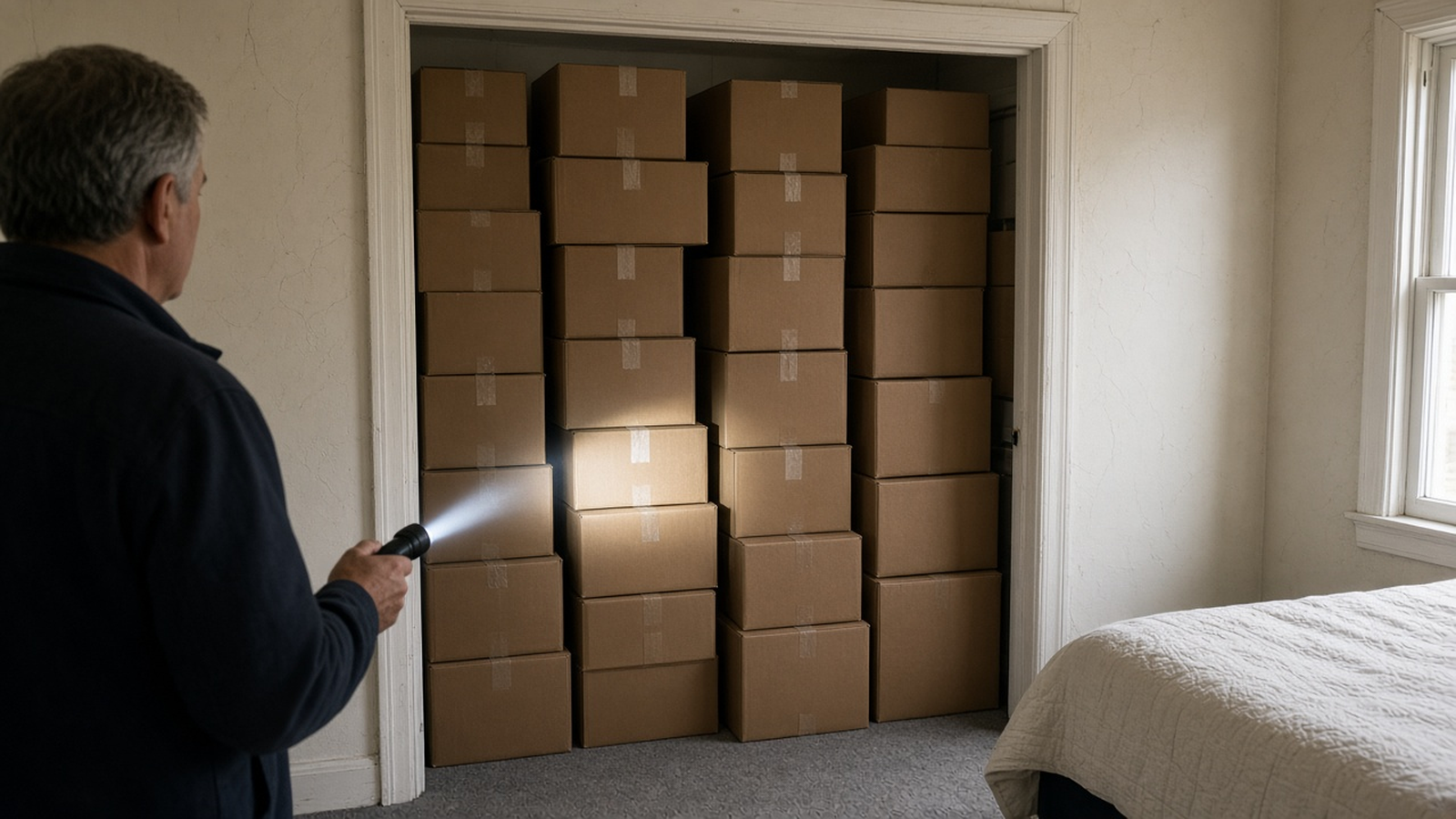 A closet packed with plain boxes so the back wall cannot be seen, with a flashlight aimed at the boxes
