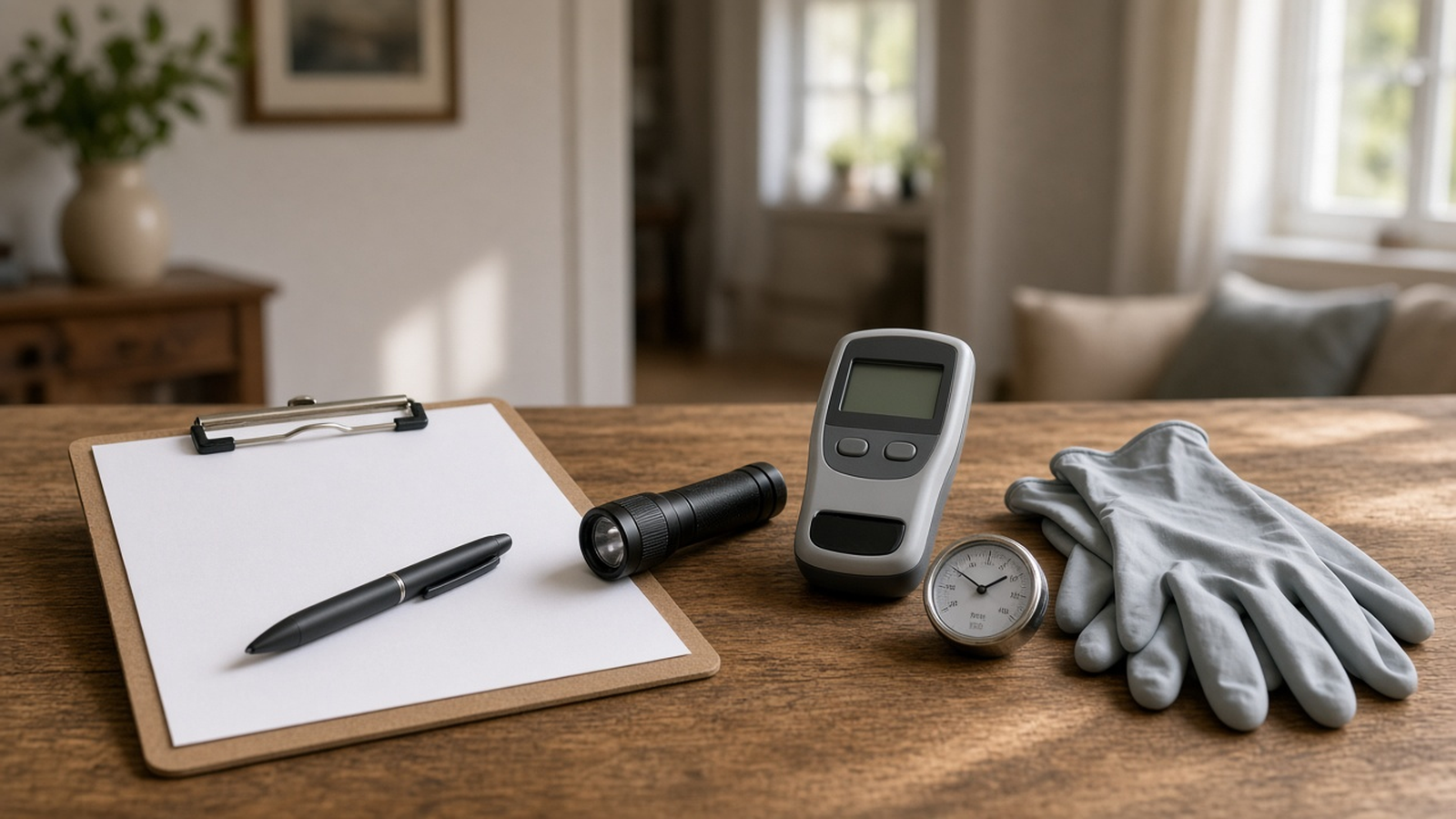 A blank clipboard, a pen, a flashlight, a moisture meter, a humidity gauge, and rubber gloves on a wood table