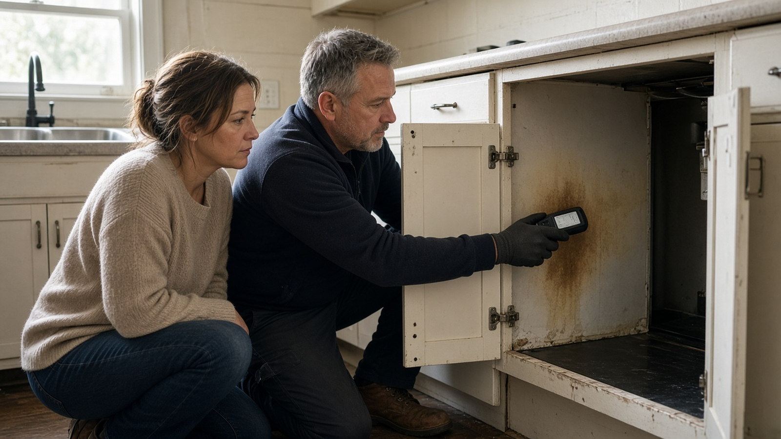 A buyer and an inspector look at a stained drywall patch inside an open sink cabinet, with a moisture meter on the wall