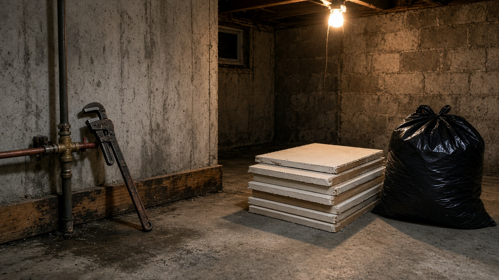 A damp baseboard and plumbing tools on one side of a basement, and cut drywall with a closed trash bag on the other