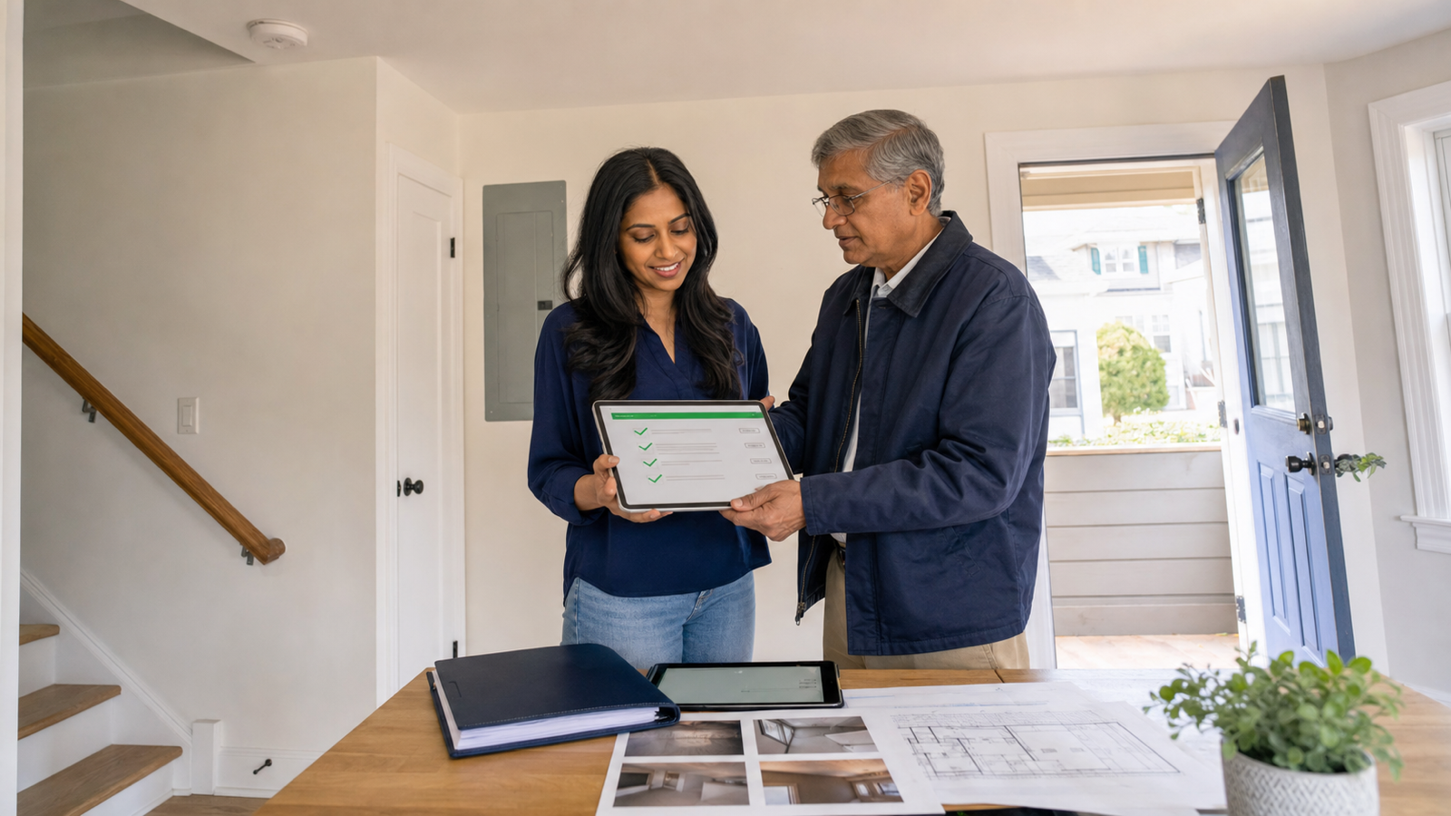 A property investor and municipal inspector reviewing final completion marks, plans, and punch-list photographs inside a finished modest home