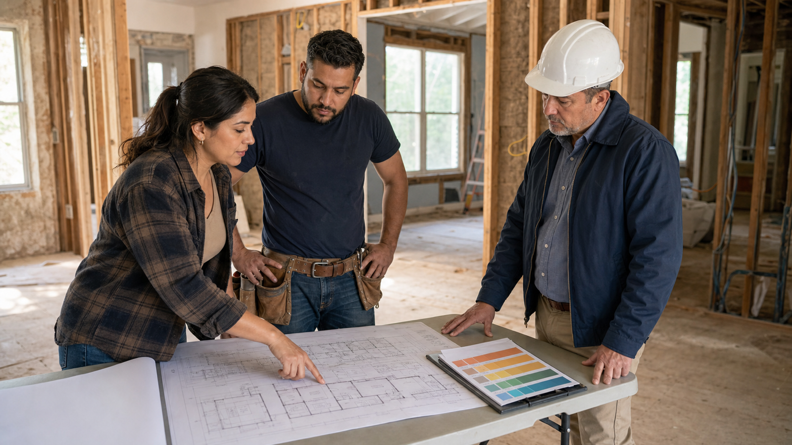 A property investor, renovation contractor, and municipal inspector reviewing house plans and a permit checklist inside a modest home with exposed framing
