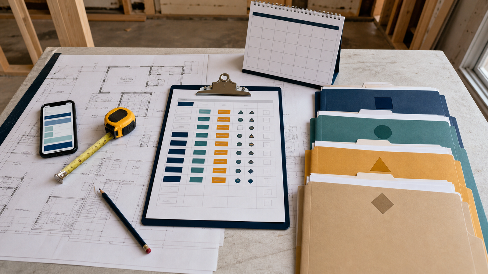 An overhead permit-planning workspace with house plans, a blank calendar, a color-coded permit matrix, measuring tools, a phone, and separate trade folders