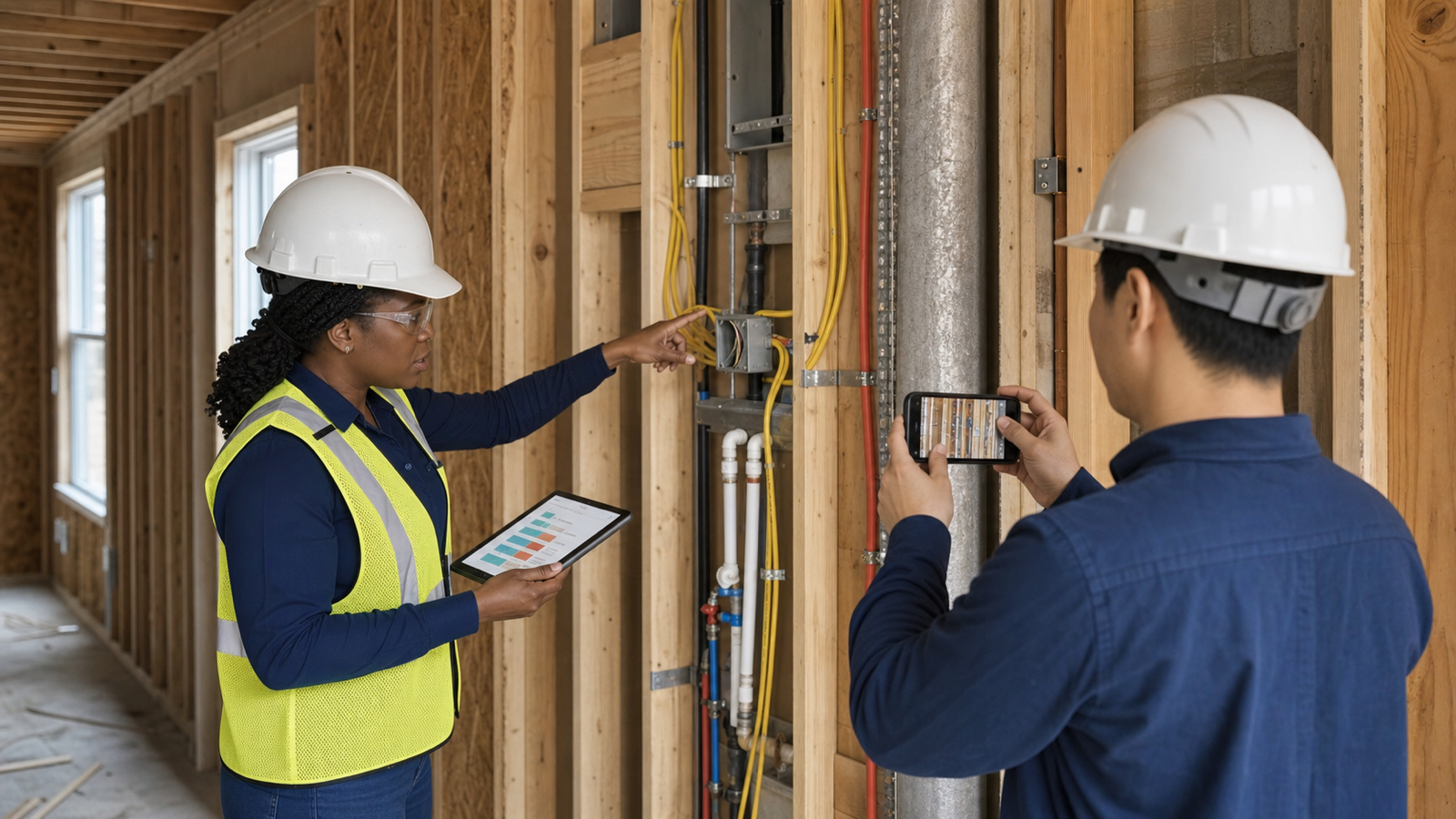 A municipal inspector and electrician documenting exposed framing, electrical wiring, plumbing, and ductwork during a rough inspection before drywall
