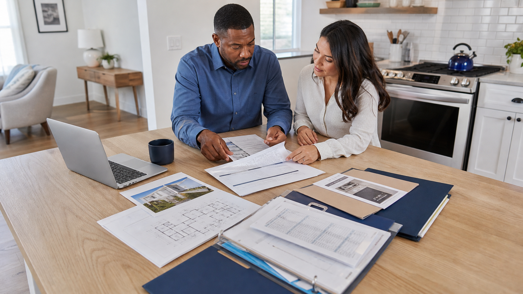 An investor and real-estate professional organizing permit records, repair invoices, floor plans, warranties, and property photographs at a kitchen table