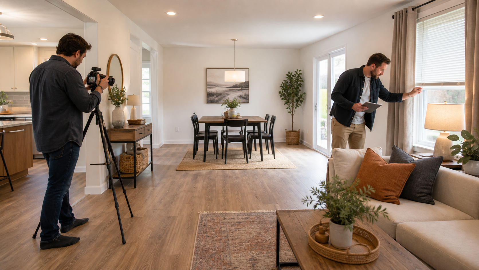 A real-estate photographer setting a tripod while a property investor checks lighting and window coverings in a staged renovated living room