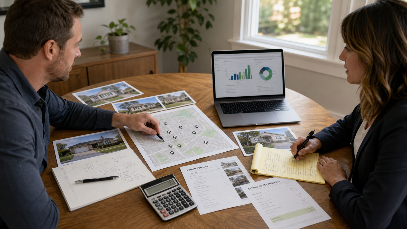 A house-flip investor and listing agent comparing comparable property photographs, a neighborhood map, repair facts, calculator, and estimated net proceeds