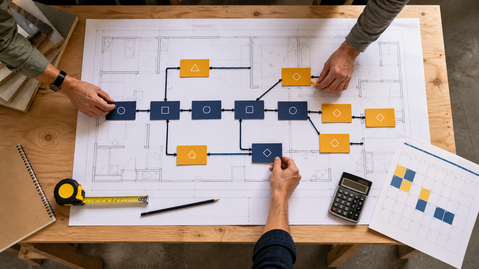An overhead view of a residential floor plan with indigo and amber task cards connected into critical and near-critical house flip schedule paths