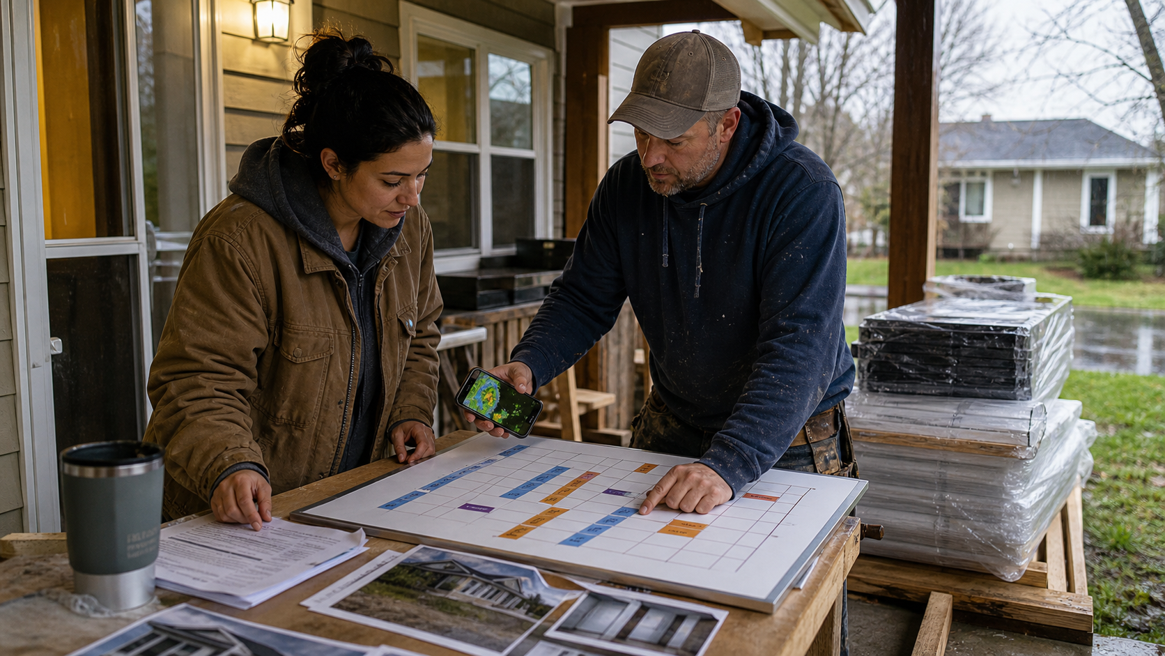 A property investor and contractor revising a color-coded recovery schedule on a covered porch after rain while renovation materials remain wrapped and protected