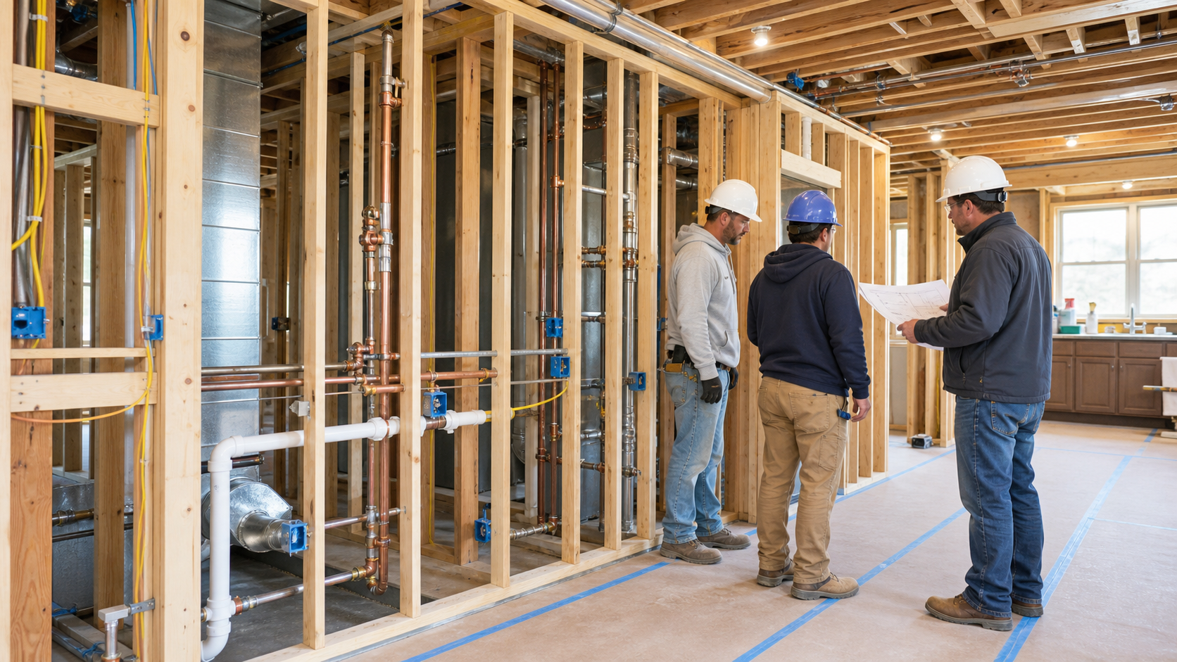 Residential plumbing, electrical, and HVAC rough work exposed for coordinated review by trade workers and a site supervisor before wall close-up