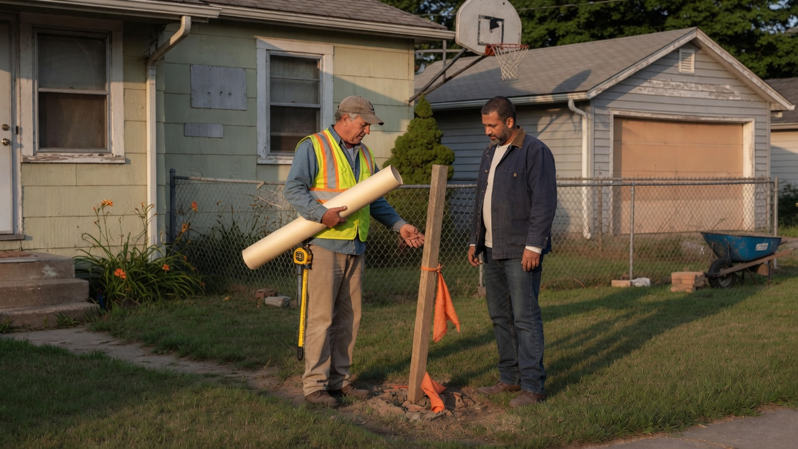 A surveyor with a rolled drawing and an investor stand at a boundary stake beside a bungalow