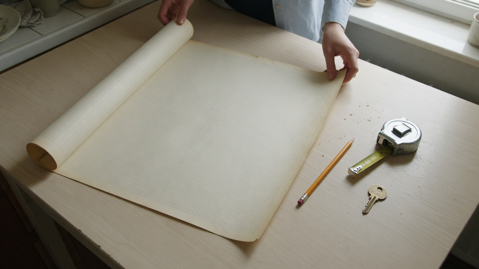 An investor unrolls a blank survey sheet on a kitchen table beside a tape measure, a pencil, and a house key