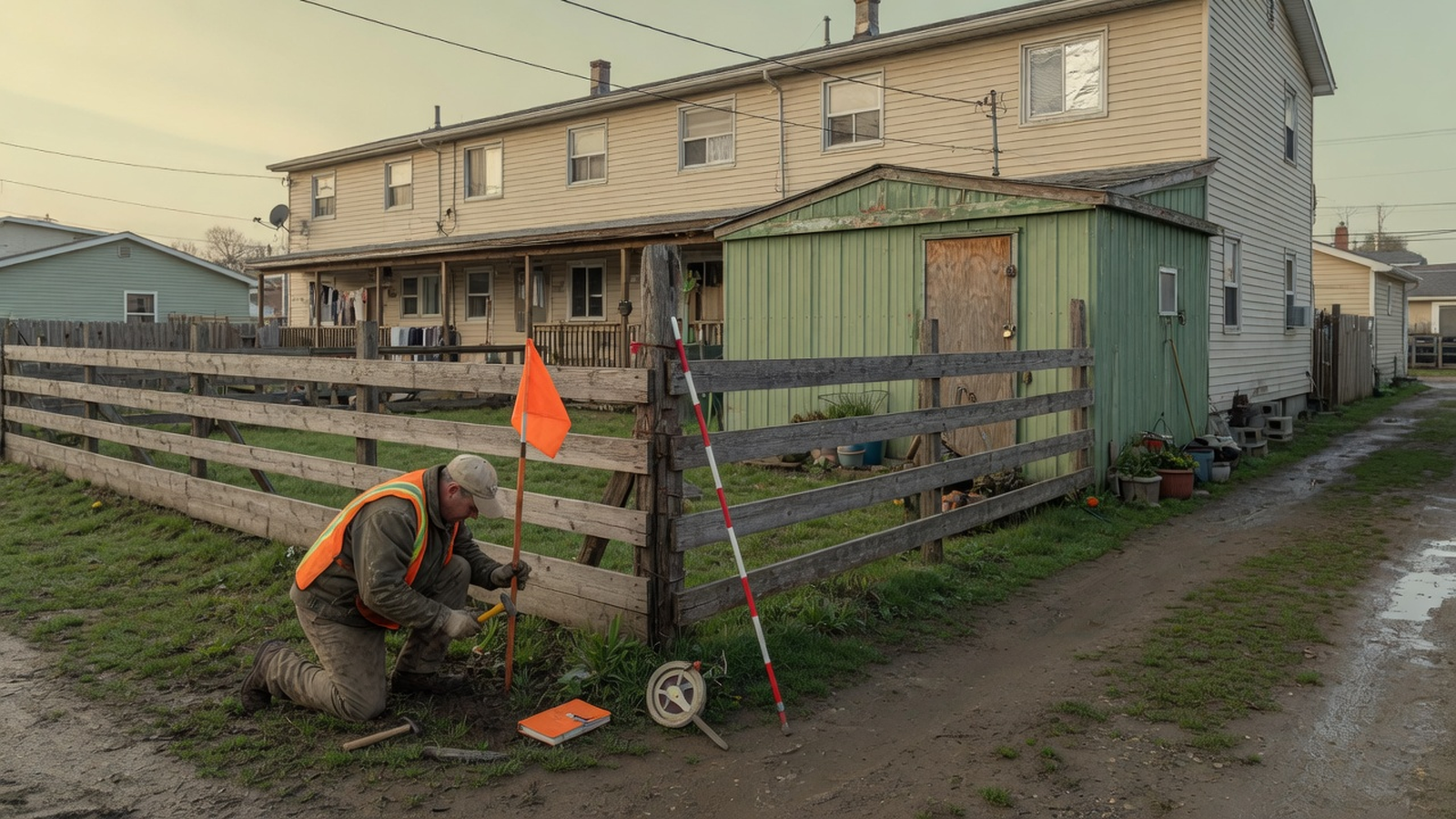 A surveyor sets a stake at a wood fence where a neighbor shed sits close to the line