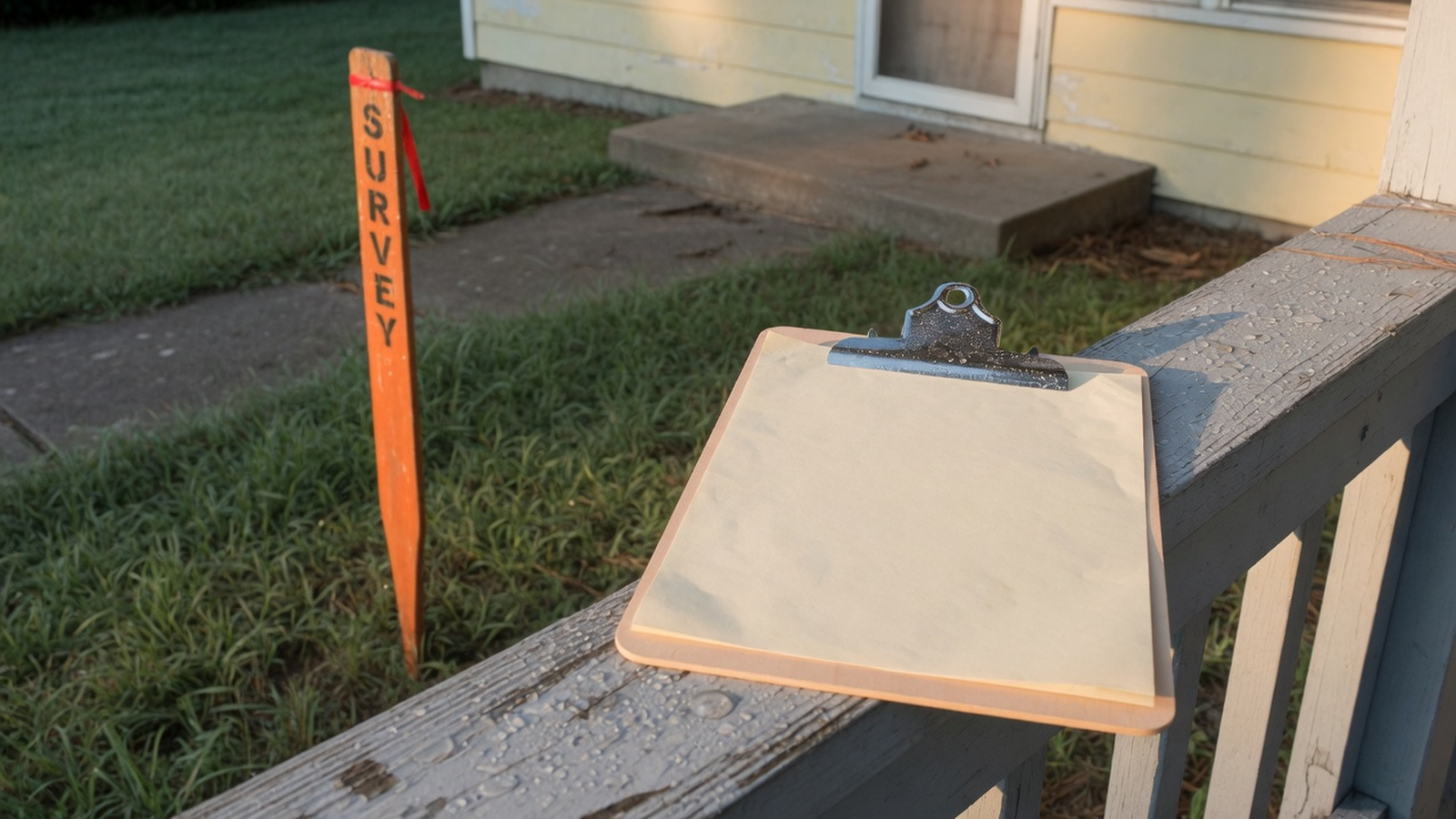 A blank clipboard rests on a bungalow porch rail above a survey stake in the front yard