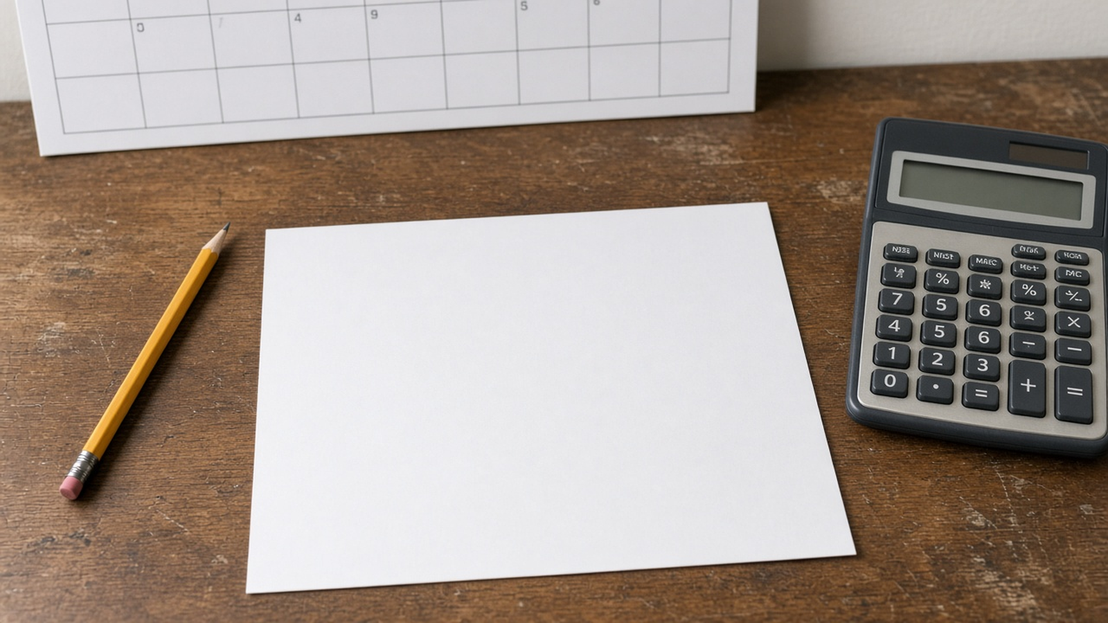A property tax statement, a pencil, and a calculator on a wood desk