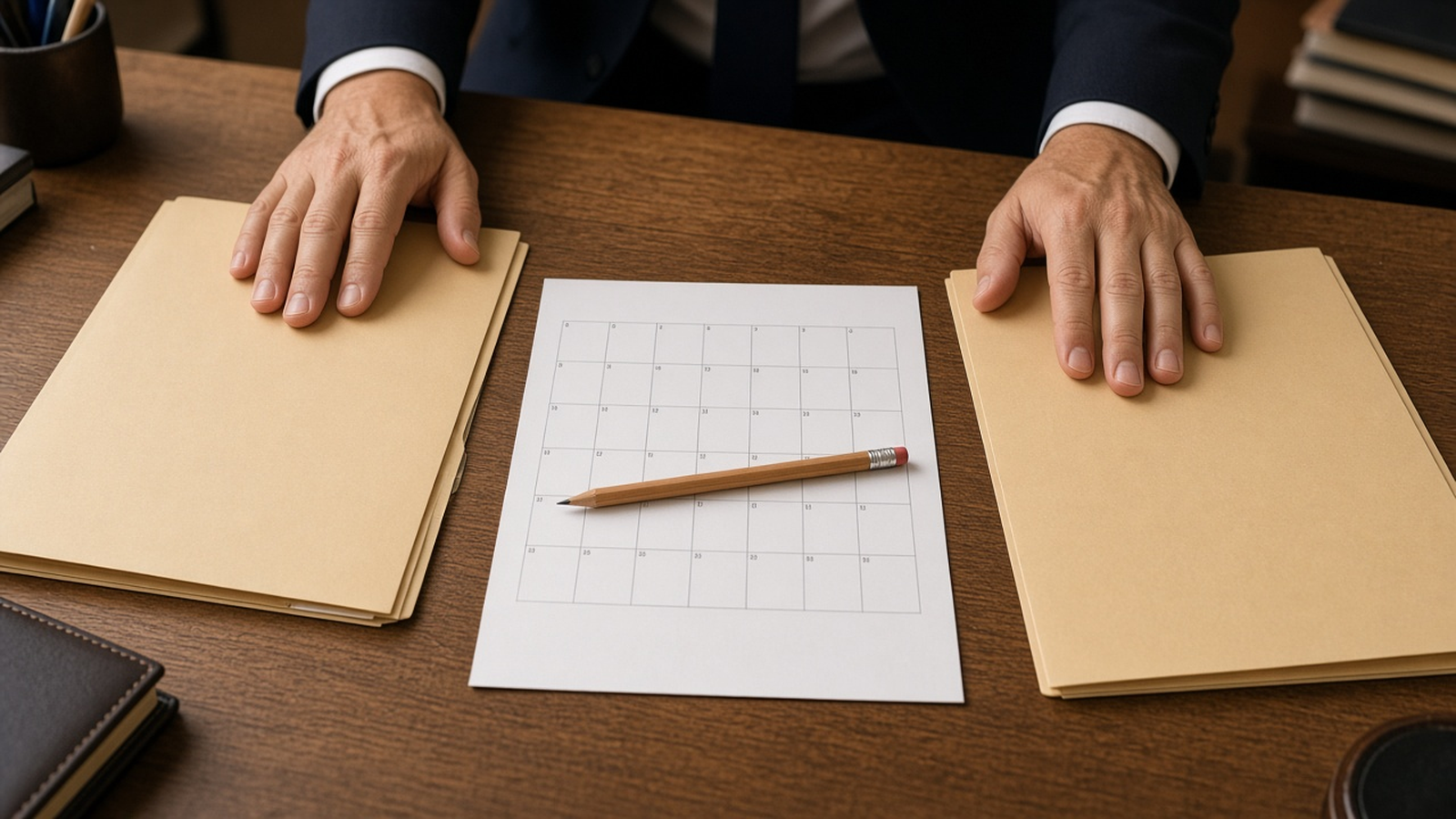 Two closing folders and a calendar on a desk while the purchase and the sale are compared