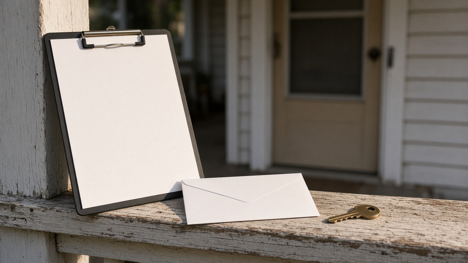 A clipboard and an envelope rest on a bungalow porch rail beside a house key