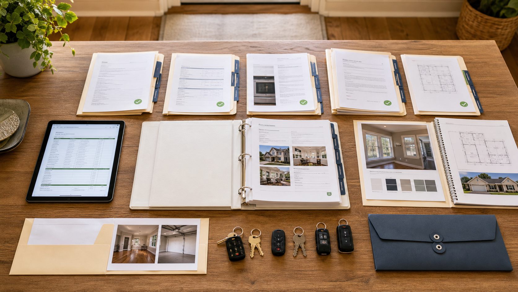 An organized house flip closeout workspace with generic permit and inspection folders, invoices, warranty records, finish photos, keys, access devices, a tablet cost reconciliation, and a project binder