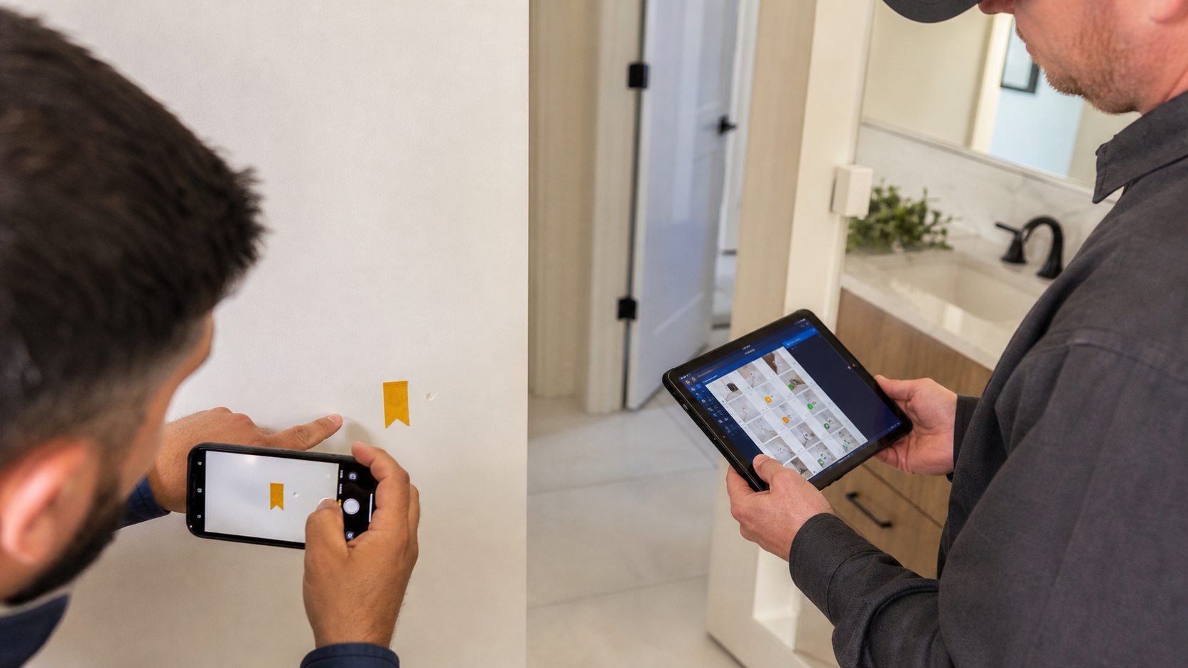 An investor photographing a small wall finish defect beside a removable marker while a contractor reviews room-by-room correction photos and status indicators on a tablet