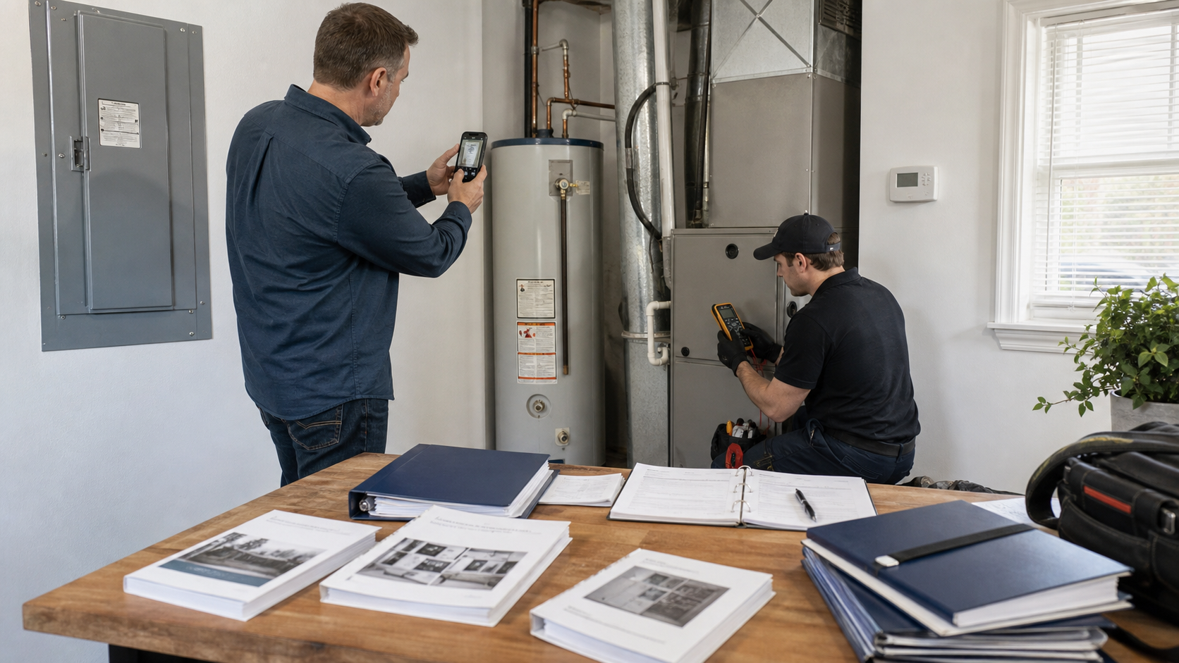 A qualified technician safely checking home equipment while an investor photographs model information and organizes generic manuals and warranty folders during project closeout