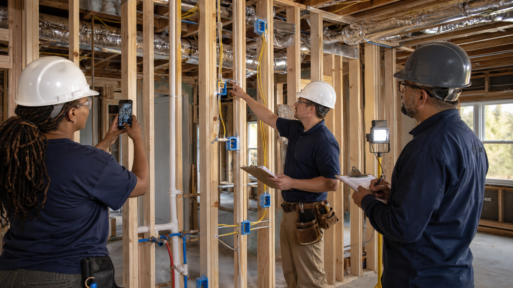 A property investor, renovation superintendent, and trade professional documenting plumbing, electrical, duct, and framing rough-ins before drywall concealment